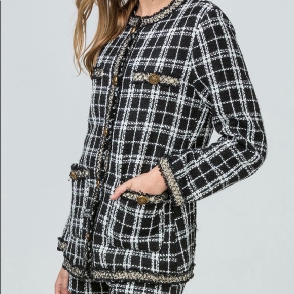 Tweed Plaid suit set jacket with shorts set - Picture 2 of 11